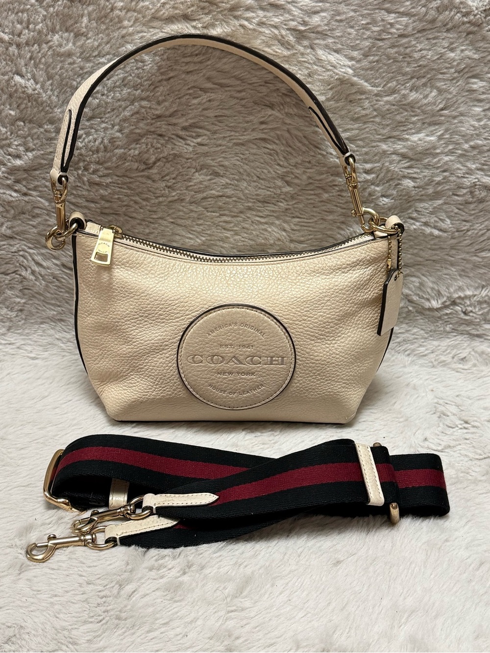 Coach Dempsey Pebbled Hobo Shoulder Bag with Patch in Cream with Removable Strap
